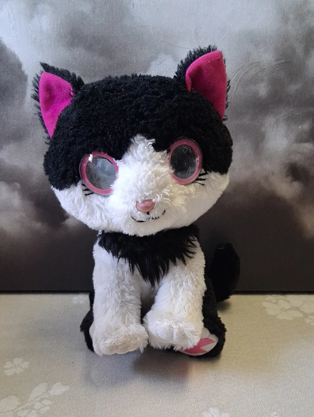 Bright Eyes Black & White Plush Cat Toy with Pink Accents